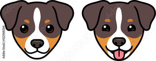 Funny cartoon Terrier dog head drawing. Sticking out tongue. Cute puppy portrait, vector clip art illustration.