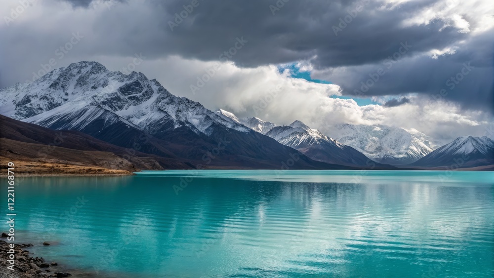 Obraz premium Serene Turquoise Lake and Snowy Mountains Landscape Photography, Dramatic Cloudscape, Nature Scene, Tibet, Mountain Lake Tibet, Landscape Photography