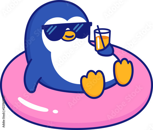 Funny cartoon penguin in sunglasses on pool float holding drink glass. Cute penguin character on summer pool party. Vector clip art illustration.