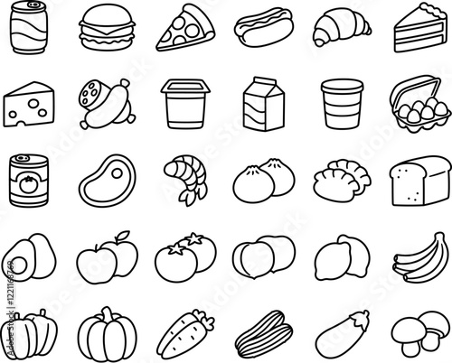 Hand drawn doodle style line icons of food: meat and dairy, fruits and vegetables, fast food. Cartoon hand drawn illustration set.