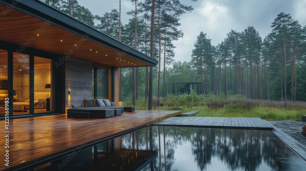 Modern cabin in serene woodland setting during twilight Modern cabin in serene woodland setting during twilight