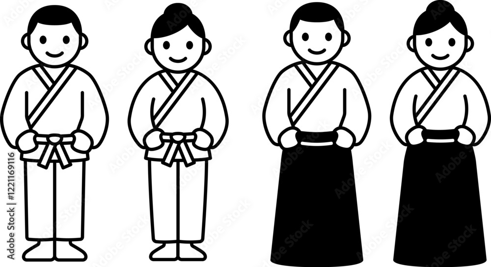 Male and female Aikido character icon. White kimono uniform (gi) and hakama pants. Simple man and woman line icon, black and white vector illustration. Male and female Aikido character icon. White kimono uniform (gi) and hakama pants. Simple man and woman line icon, black and white vector illustration.