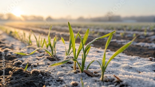Sunrise Frost on Winter Wheat Sprouts Close-up Macro Photography, agriculture, winter crops agriculture, winter wheat
