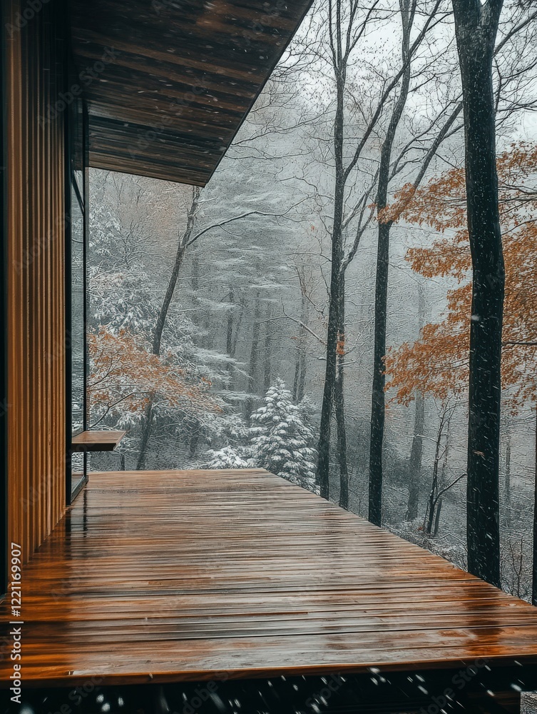 Obraz premium Snowy winter scene in a forest retreat with wooden deck