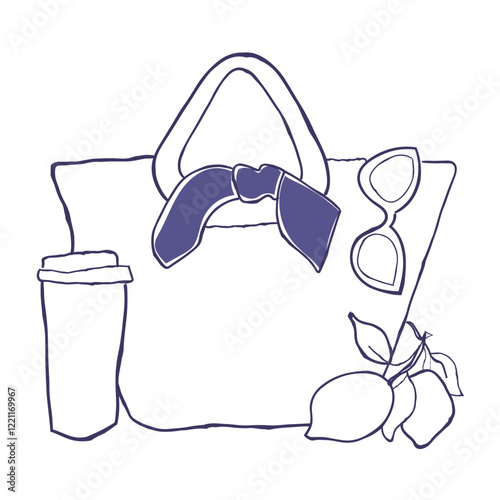 hand drawn line art vector of a women bag with glasses, a coffee cup and lemons. Retro style line art. Beachy life concept.