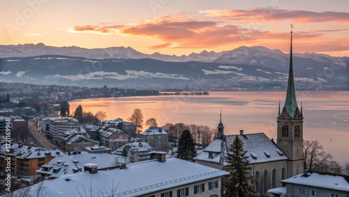 Sunset over Snowy Lakeside ...