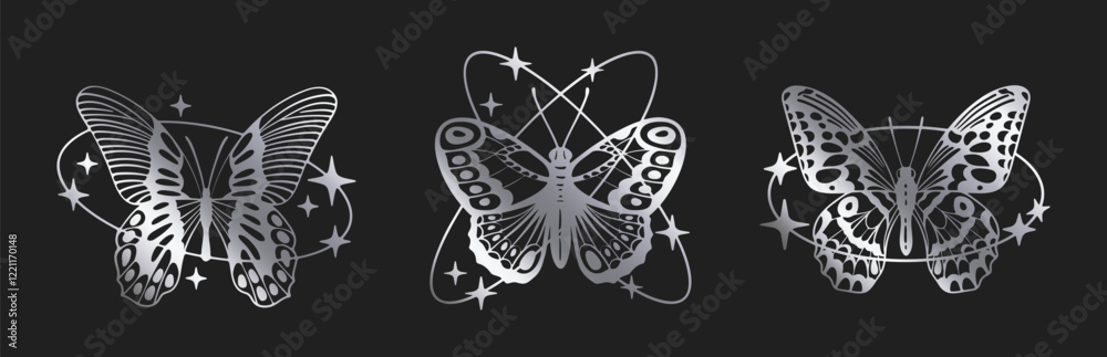 Obraz premium Cartoon y2k butterfly. Abstract silver y2k aesthetic flying insect, shiny foil butterfly silhouettes flat vector illustration. Butterfly decor
