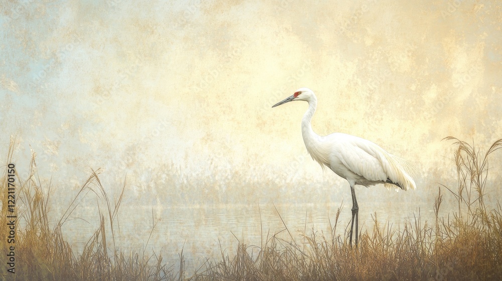 Naklejka premium White crane standing by misty lake, serene atmosphere