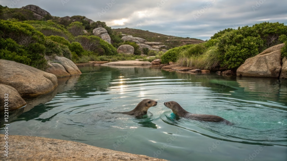 Fototapeta premium Two Sea Lions Interacting in Rocky Cove Landscape Photography, wildlife, nature Sea Lion, Wildlife Photography