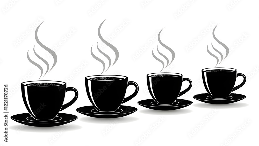Four simple, solid black coffee cups with steam, set on white background. Silhouette style, flat lay, front view. Each cup has a handle and a saucer, and a classic, rounded shape. Four simple, solid black coffee cups with steam, set on white background. Silhouette style, flat lay, front view. Each cup has a handle and a saucer, and a classic, rounded shape.