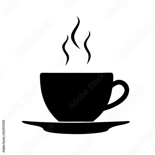 A solid black silhouette of a coffee cup and saucer. The cup is positioned vertically, sitting on a saucer. Steam, depicted as three wavy lines, rises from the top of the cup. 