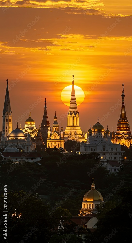 Obraz premium Golden Sunset Silhouette: A City of Domes and Spires at Dusk