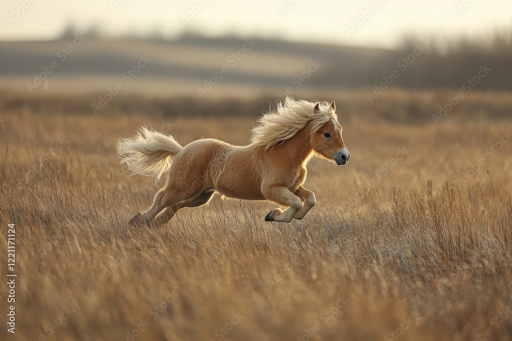 Obraz premium Pony galloping freely across golden grassland at sunset