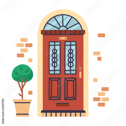 House front door. Residential building entrance, house building doorway flat vector illustration. Home facade closed door