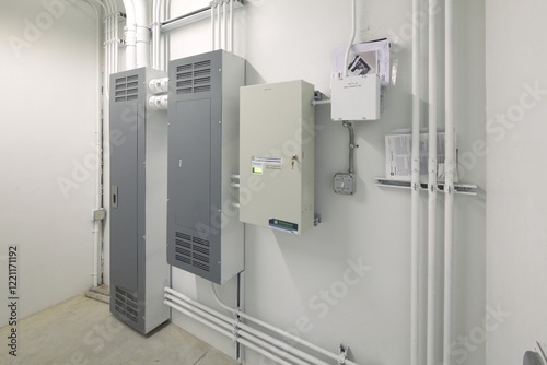 Canvas Print electrical boxes and cables equipment on white wall of warehouse