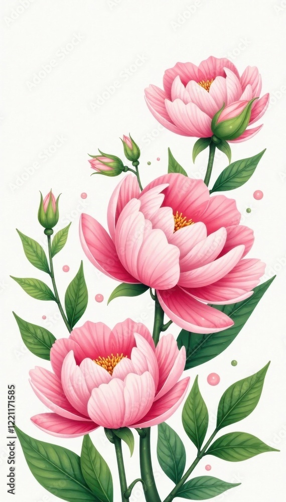 Obraz premium Bunch of pale pink peony flowers and greenery hand drawn in a whimsical style with subtle shading, artistic illustration, hand draw flower