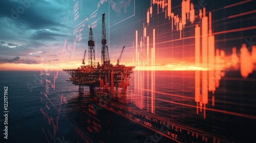 Offshore Oil Rig and Stock Market Data Overlay at Sunset