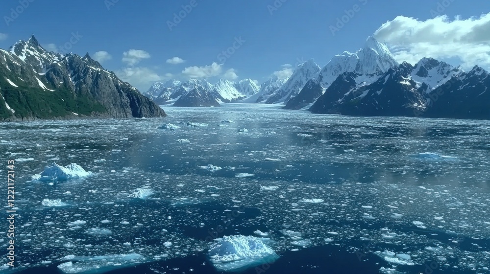 Glacial Fjord with Icebergs and Mountains Glacial Fjord with Icebergs and Mountains