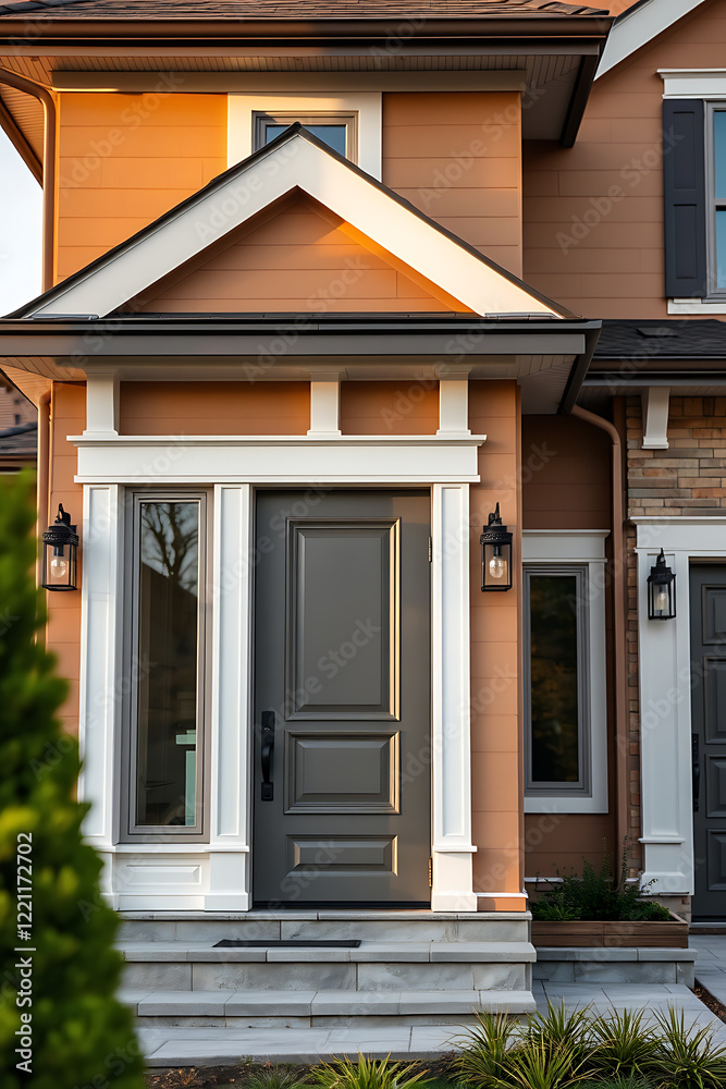 Obraz premium Modern House Exterior: Gray Door, Orange Facade, and Elegant Design. Real Estate, Architecture, and Home Design Inspiration.