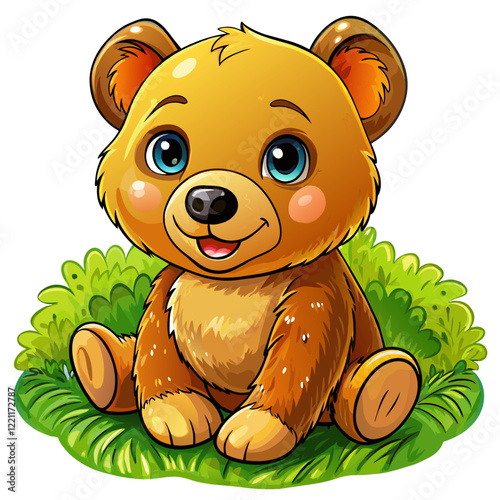 Vector illustration of a baby bear on the grass on white background - Generative AI

