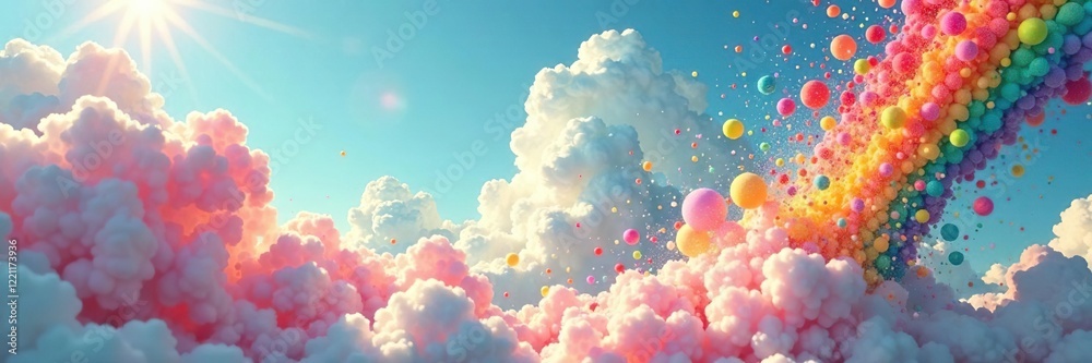 Sky filled with rainbow-colored gummy balls exploding, clouds, colorful, gummy Sky filled with rainbow-colored gummy balls exploding, clouds, colorful, gummy