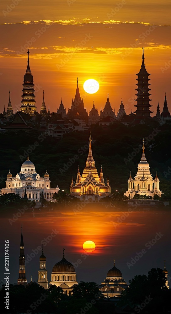 Obraz premium Golden Sunset Temples: Asian Architectural Panorama at Dusk
