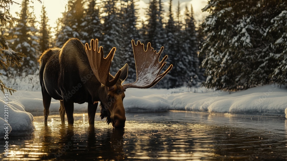 Fototapeta premium Moose Drinking at Riverbank During Golden Hour Light