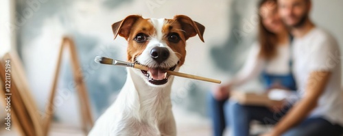 painting with dog, jack russell terrier with a paintbrush standing in a creative art studio