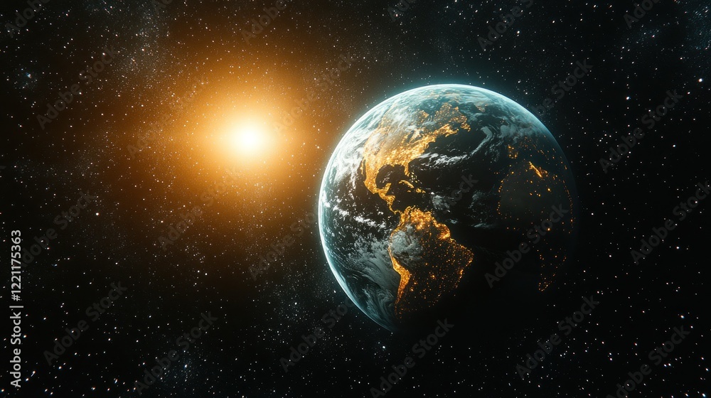 Fototapeta premium Earth sunrise, space, planet, nightlights, cosmic background, science education