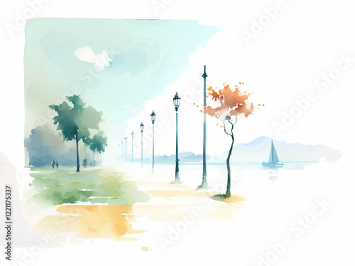 watercolor promenade an o lake vector painting
