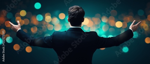 A confident businessman stands with arms open wide, embracing a vibrant cityscape illuminated by colorful lights, symbolizing opportunity and success in a dynamic urban environment