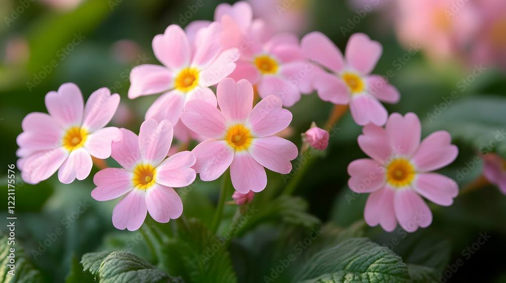 Pink primroses blooming in garden, sunlight. Spring flowers, nature background Pink primroses blooming in garden, sunlight. Spring flowers, nature background