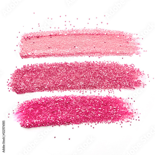Three pink glitter texture strokes  on white background