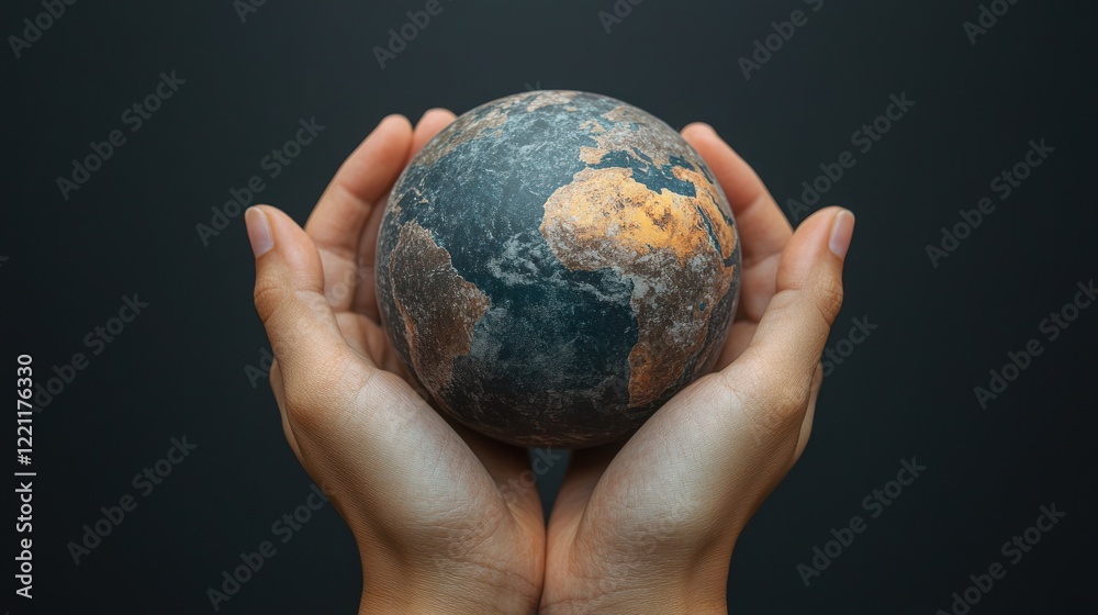 Hands holding Earth, climate change concept, dark background, environmental awareness campaign Hands holding Earth, climate change concept, dark background, environmental awareness campaign