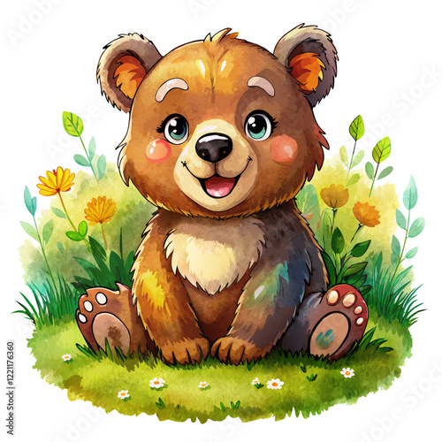 Vector illustration of a baby bear on the grass on white background - Generative AI
