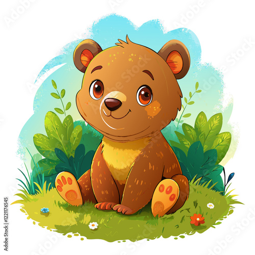 Vector illustration of a baby bear on the grass on white background - Generative AI
