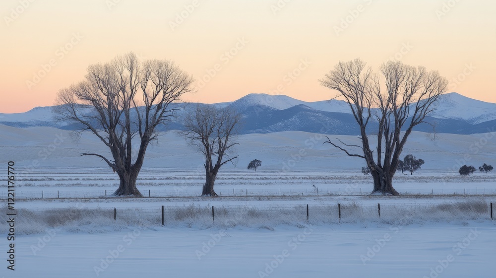 Serene Dusk Over Snow-Covered Trees and Distant Mountains