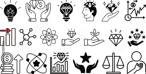 Values of business icon set collection,success, goals, corporate, collaboration, strategy, concept.