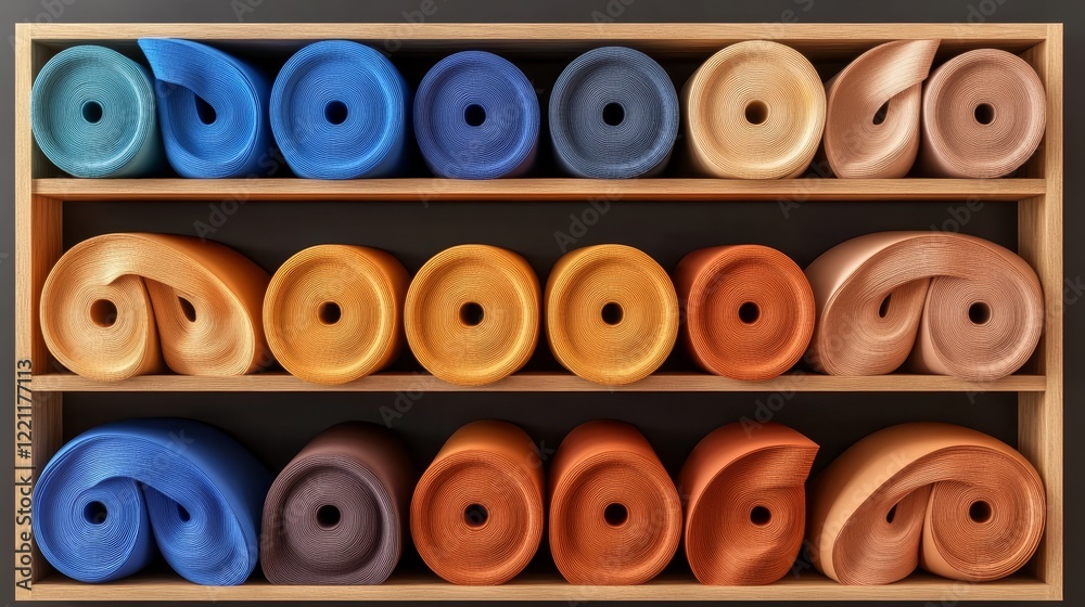 Colorful Rolled Foam Mats on Shelves - A neatly organized collection of colorful rolled foam mats in various shades of blue, orange, and brown, arranged on wooden shelves against a dark background. Colorful Rolled Foam Mats on Shelves - A neatly organized collection of colorful rolled foam mats in various shades of blue, orange, and brown, arranged on wooden shelves against a dark background.