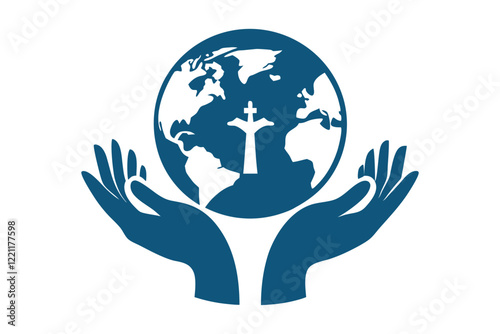  A silhouette of hands gently holding a globe surrounded by glowing religious symbols, symbolizing global care, unity, and peace. Vector illustration for worldwide harmony and understanding