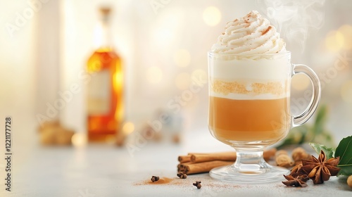 Glass with a handle on a stem with a lamina of white airy foam sprinkled with spices on top.