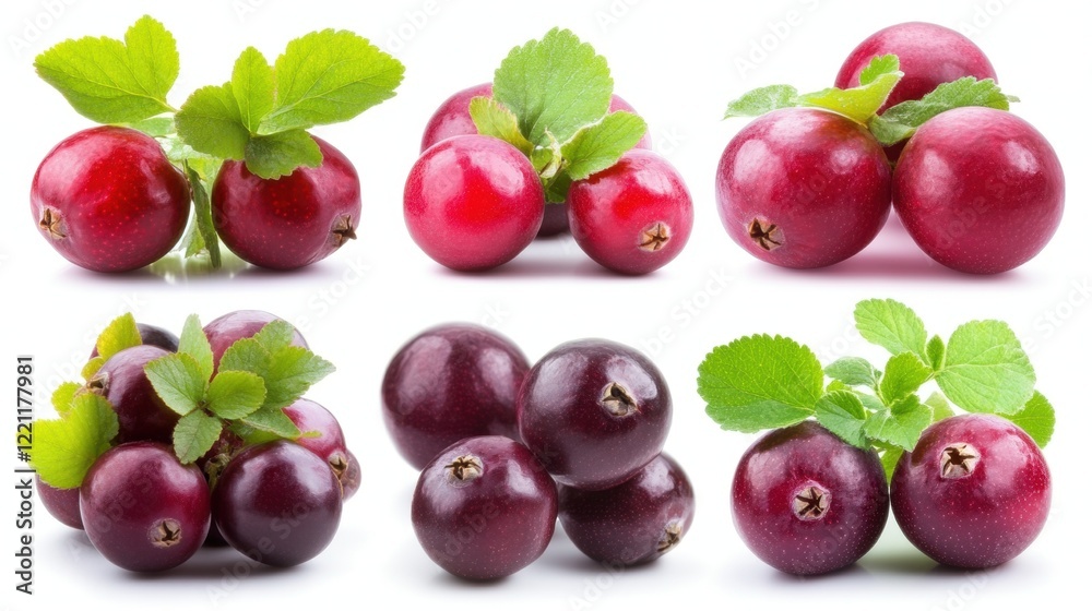 Fresh Red and Dark Red Cranberries with Green Leaves Fresh Red and Dark Red Cranberries with Green Leaves