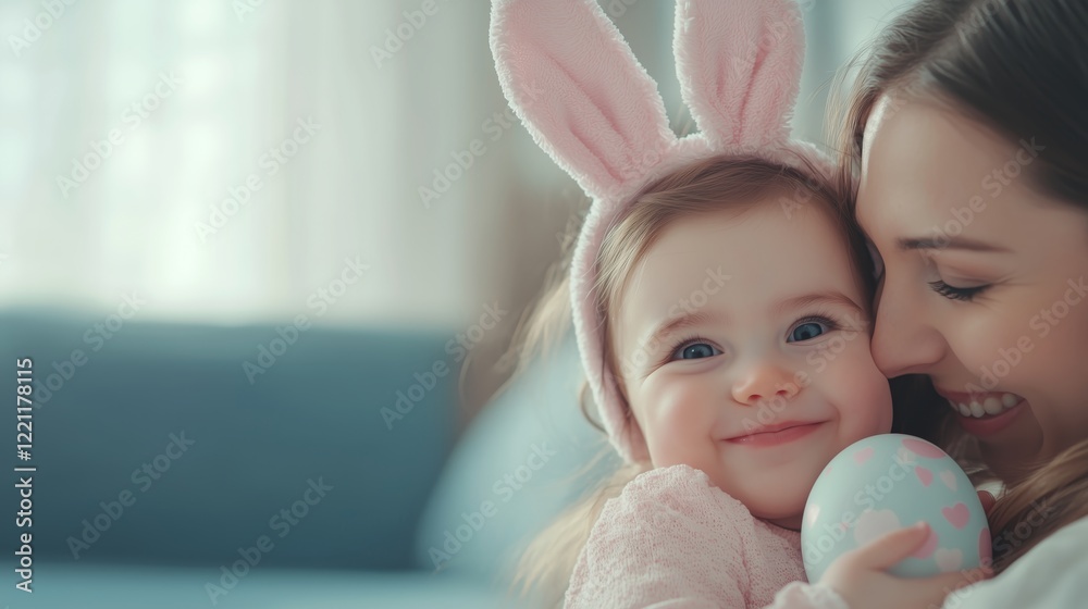 Fototapeta premium Happy family with a cute little daughter wearing bunny ears.