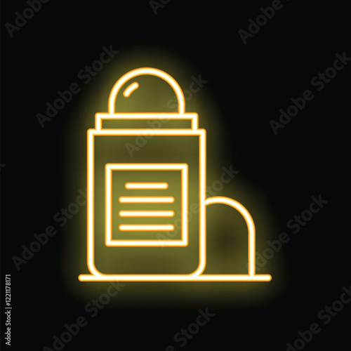 Yellow neon icon of roll on deodorant with open cap glowing on dark background