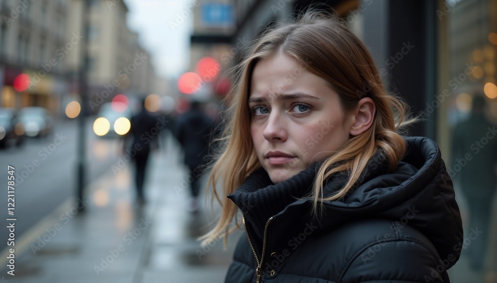 Fototapeta premium Sad Young Woman on a City Street, Urban Melancholy
