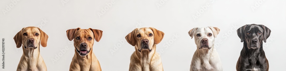 Dogs of various breeds are lined up in a row on a white background Dogs of various breeds are lined up in a row on a white background