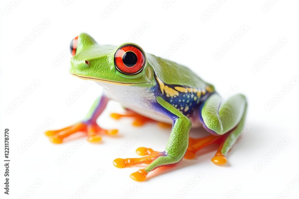 Obraz premium A green frog with vivid red eyes is sitting on a clean white surface