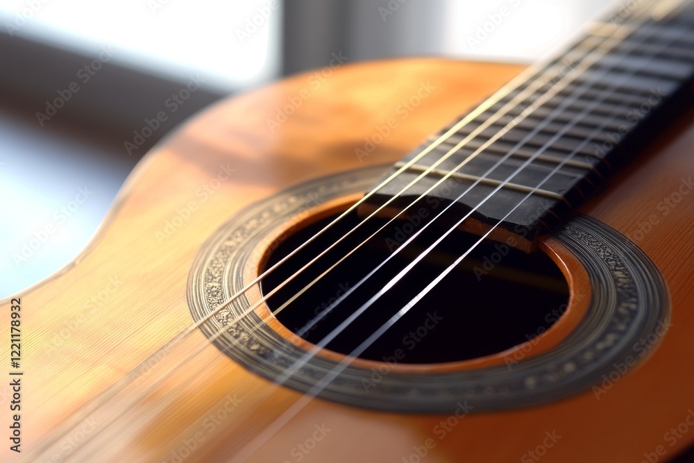Close up of the strings of a sun-drenched wooden Spanish guitar Close up of the strings of a sun-drenched wooden Spanish guitar