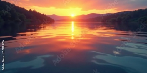 Gentle sunset glow illuminates ripples on lake surface, sunset, soft focus