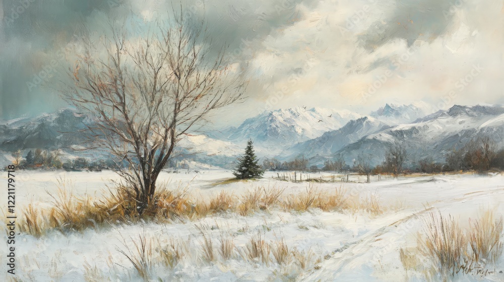 Serene Landscape with Lone Tree and Distant Mountains Serene Landscape with Lone Tree and Distant Mountains